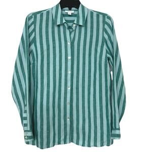 J Jill Love Linen Aqua Green Striped Button Down Split Hem Blouse Top XS Beachy